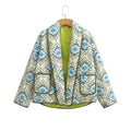 Women's Quilted Short Jacket in Kimono Style with Shawl Collar, Decorative Piping and Allover Print Fashion Glam