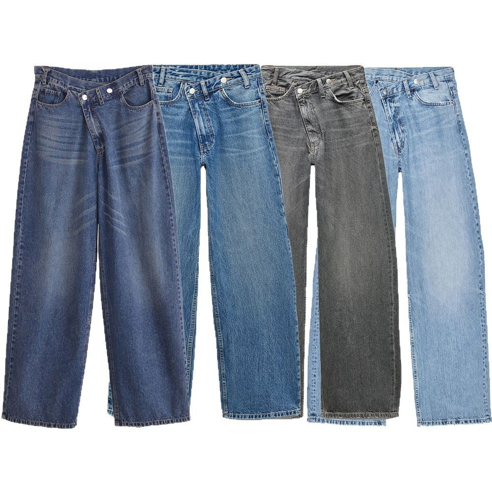 Women's high-waisted wide denim jeans with asymmetric waistband and culotte cut Fashion Glam