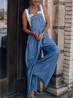 Women's Wide Denim Overall in Palazzo Cut with Adjustable Straps Fashion Glam