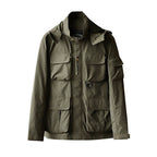 Men's urban field jacket with multiple pockets, wind-resistant surface and concealed hood Fashion Glam