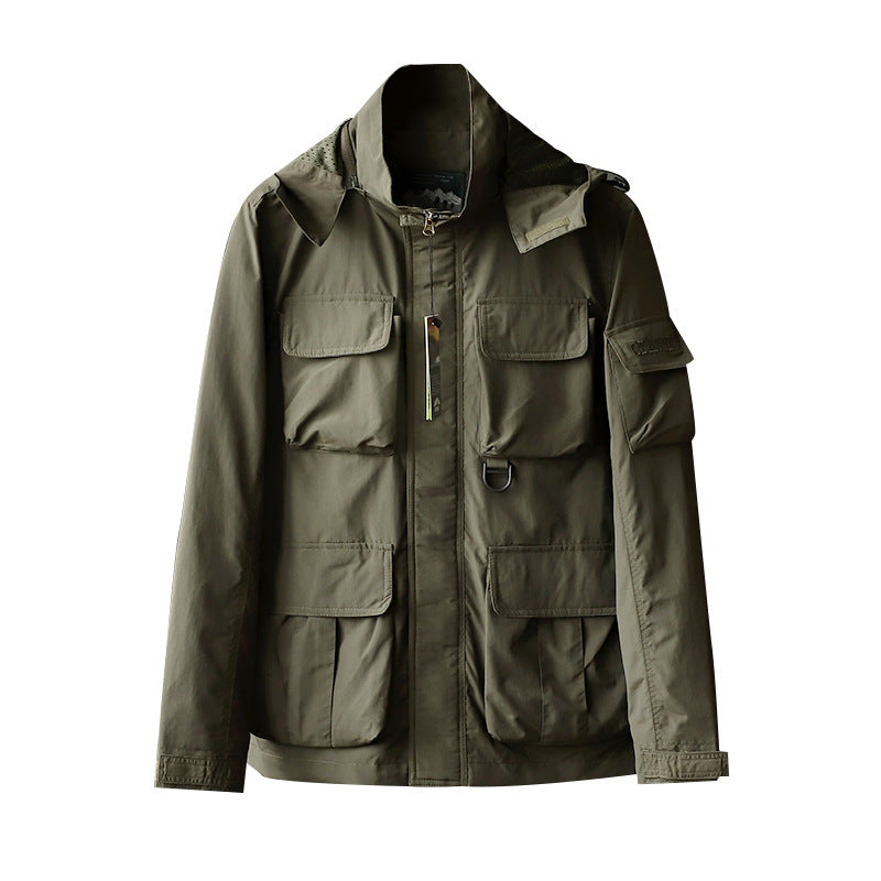 Men's urban field jacket with multiple pockets, wind-resistant surface and concealed hood Fashion Glam