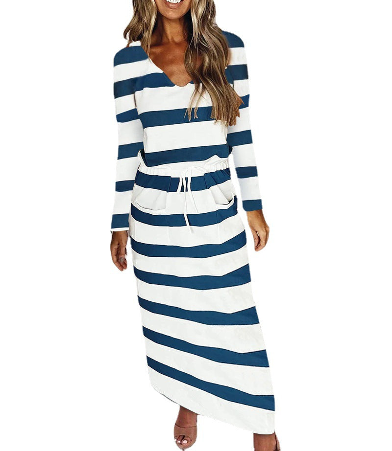 Women's Casual-Elegant Maxi Knit Dress with V-Neck, Drawstring and Side Pockets Fashion Glam