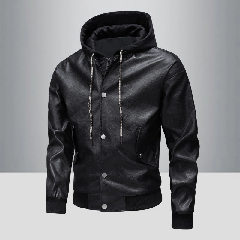 Men's leather bomber jacket with integrated hood insert and ribbed cuffs Fashion Glam