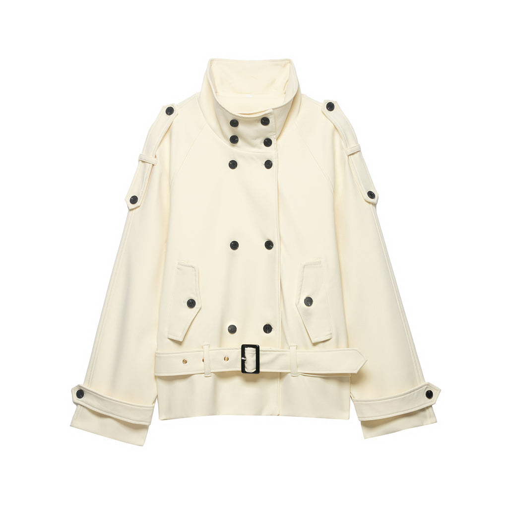 Women’s short coat in trench coat style with double breasted and waist belt Fashion Glam