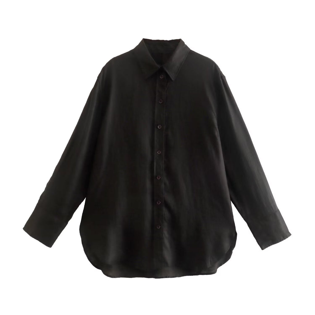 Women's Oversize Shirt Blouse with Extended Back, Boxy Cut and Continuous Button Placket Fashion Glam
