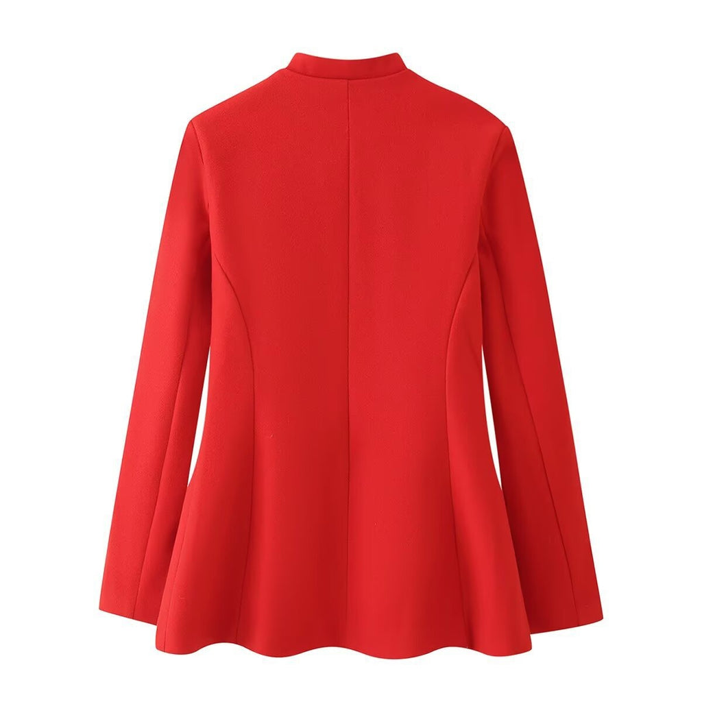 Women's Tailored Short Jacket in Mandarin Style with Keyhole Neckline and Decorative Knot Closures Fashion Glam