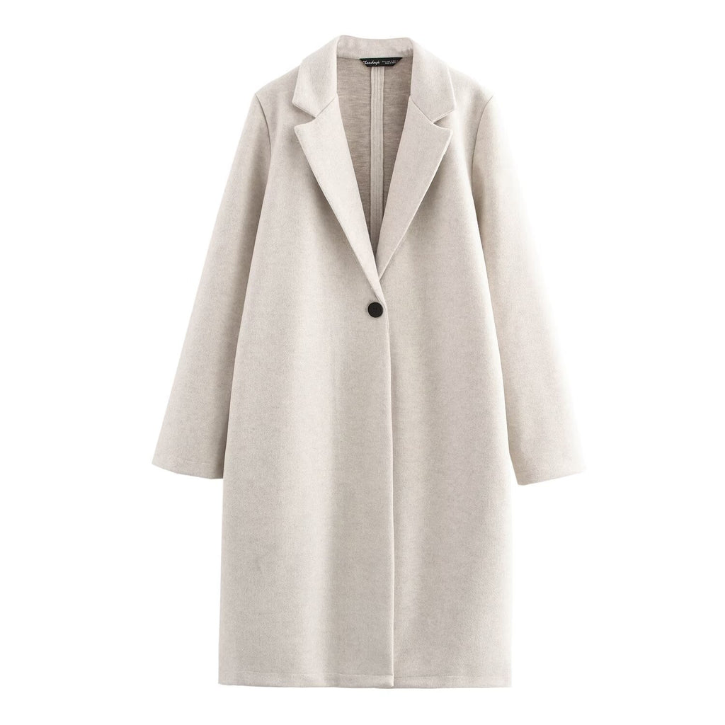 Ladies Purist longline coat with lapel collar, single button closure and soft felt finish Fashion Glam