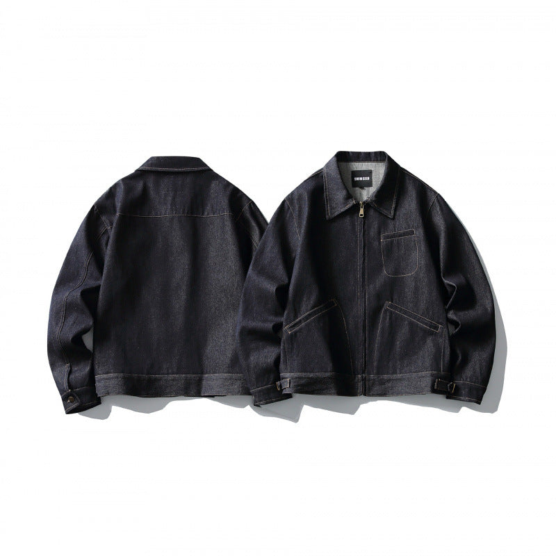 Men's Boxy Denim Jacket in Worker Style with Full Zip and Chest Pocket Fashion Glam