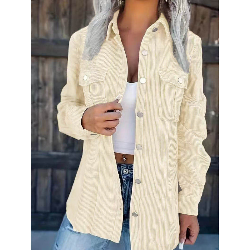 Ladies cord shirt jacket in shacket style with snap button placket and chest pockets Fashion Glam