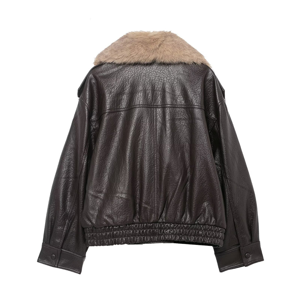 Women's Short Leather Blouson Jacket with XXL Fur Collar Fashion Glam