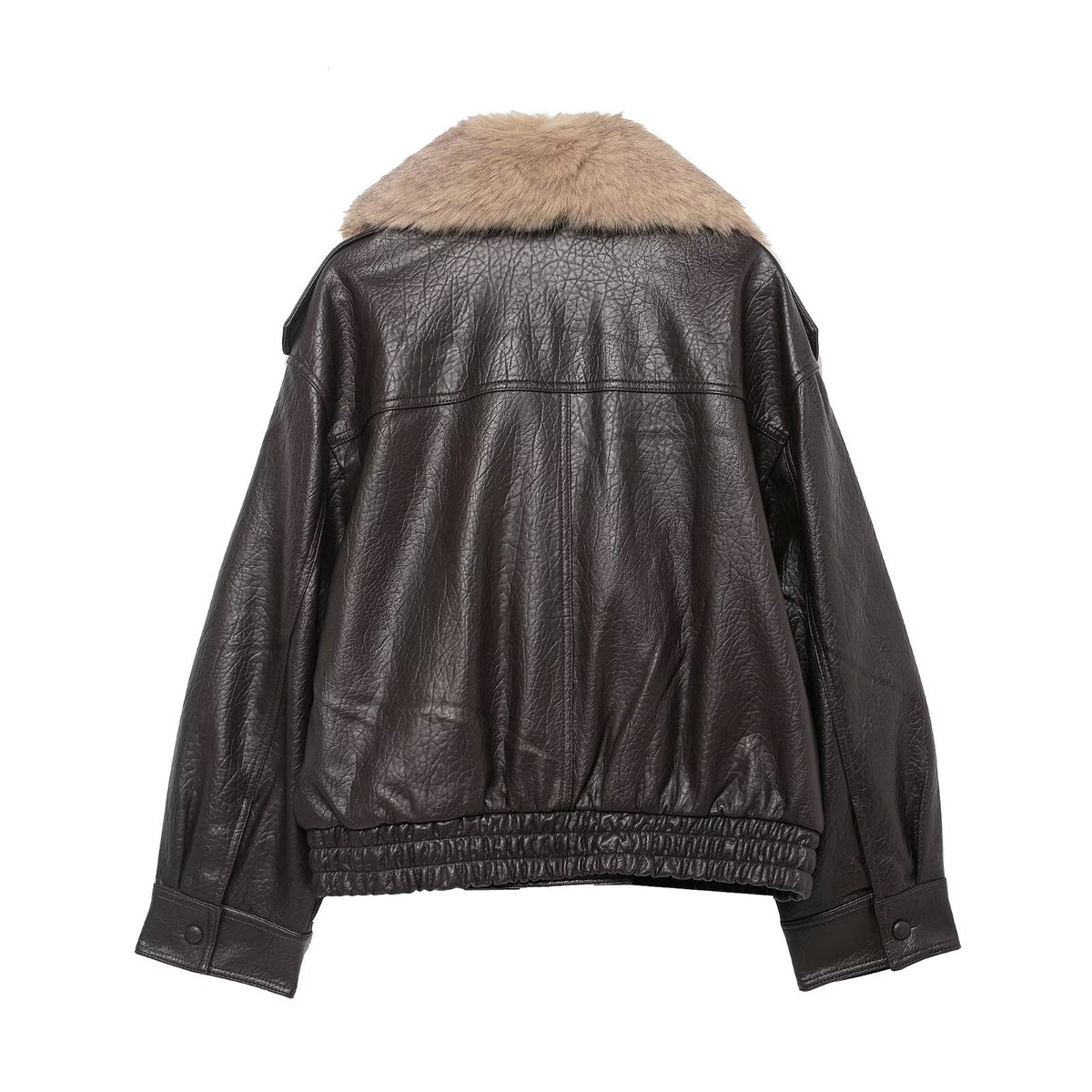 Women's Short Leather Blouson Jacket with XXL Fur Collar Fashion Glam