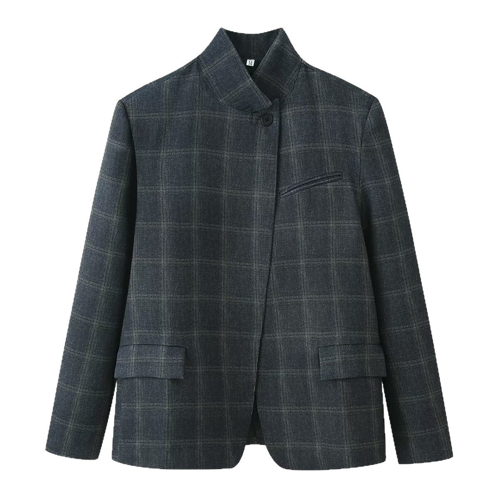 Women's box blazer with stand-up collar, asymmetric single-button placket and fine checked pattern Fashion Glam