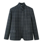 Women's box blazer with stand-up collar, asymmetric single-button placket and fine checked pattern Fashion Glam