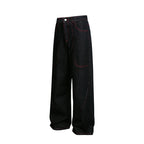 Women Wide High-Waist Denim Pants in Utility Look with Contrast Stitching Fashion Glam