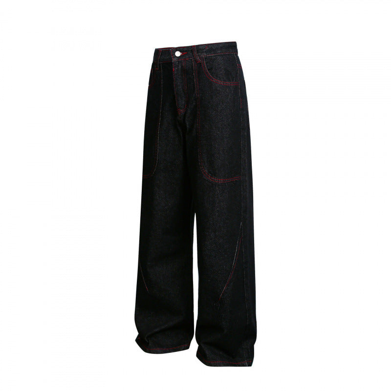 Women Wide High-Waist Denim Pants in Utility Look with Contrast Stitching Fashion Glam