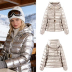 Women short cut quilted jacket with hood, fitted elastic waistband and decorative belt Fashion Glam