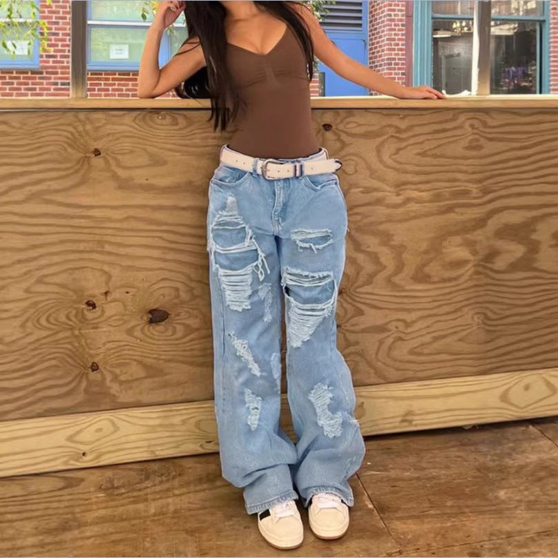 Women's High-Waisted Oversized Baggy Jeans with Strong Destroyed Look and Deep Crotch Fashion Glam