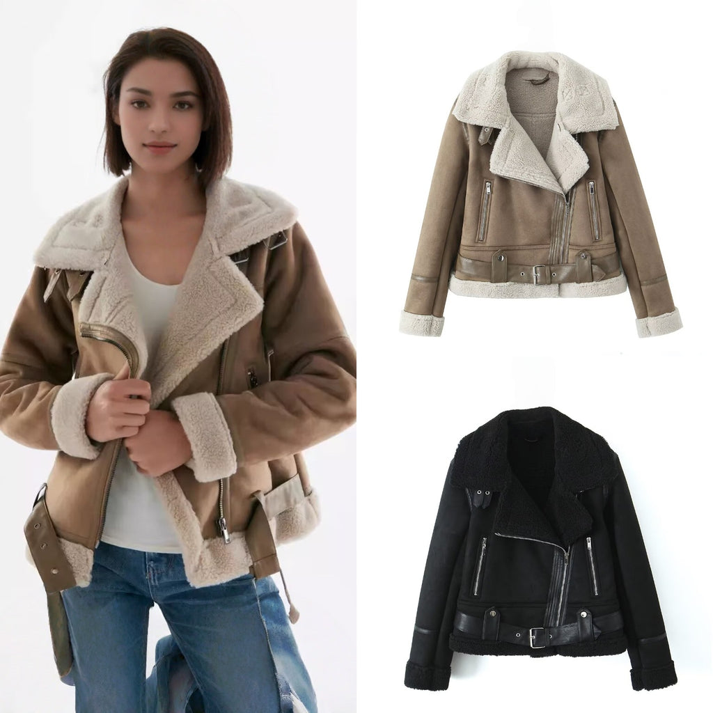 Women's Short Cut Lambskin Imitation Biker Jacket with Asymmetric Zipper, Belt and Teddy Lining Fashion Glam