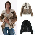 Women's Short Cut Lambskin Imitation Biker Jacket with Asymmetric Zipper, Belt and Teddy Lining Fashion Glam