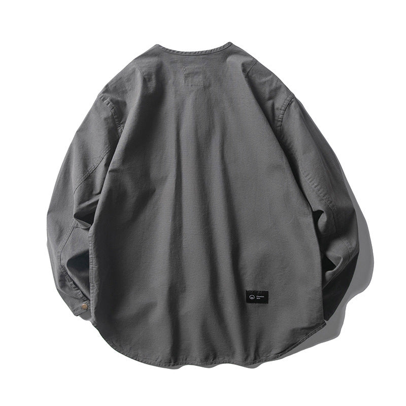Unisex Collarless Overshirt Jacket with Snap Button Placket and Patch Chest Pockets Fashion Glam
