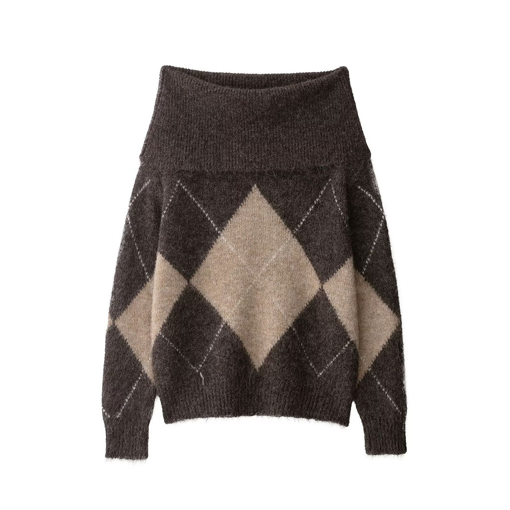 Women's Oversized Knit Sweater with Turtleneck and Diamond Pattern Fashion Glam