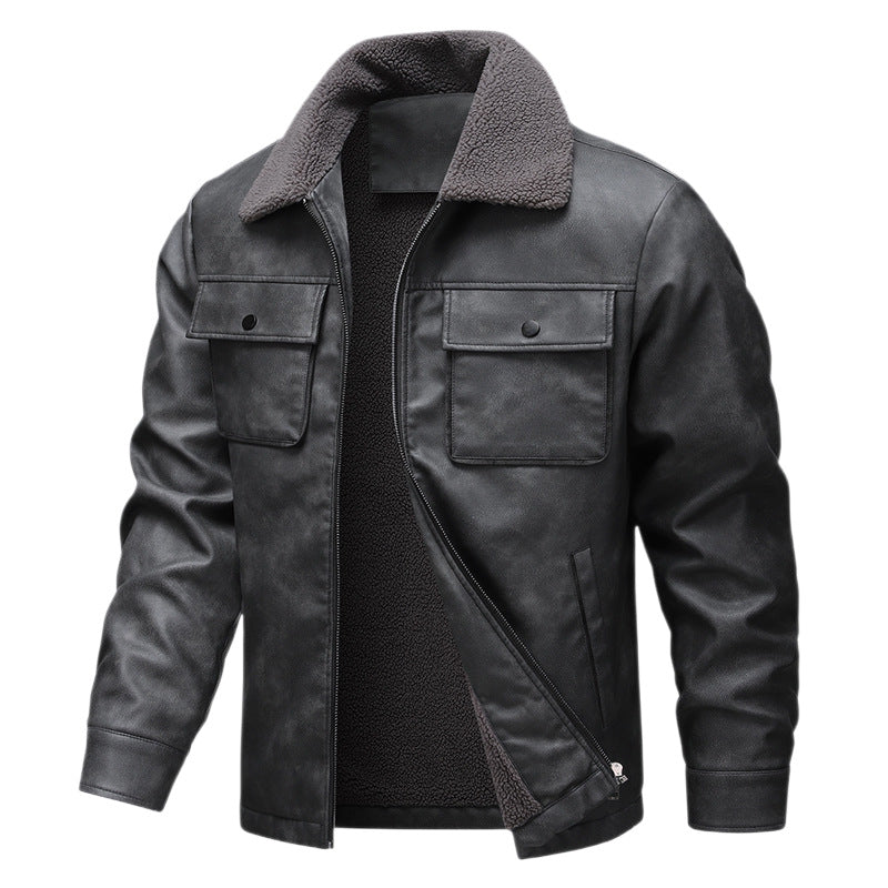 Men's vintage-inspired faux leather jacket with teddy lining and shirt collar Fashion Glam