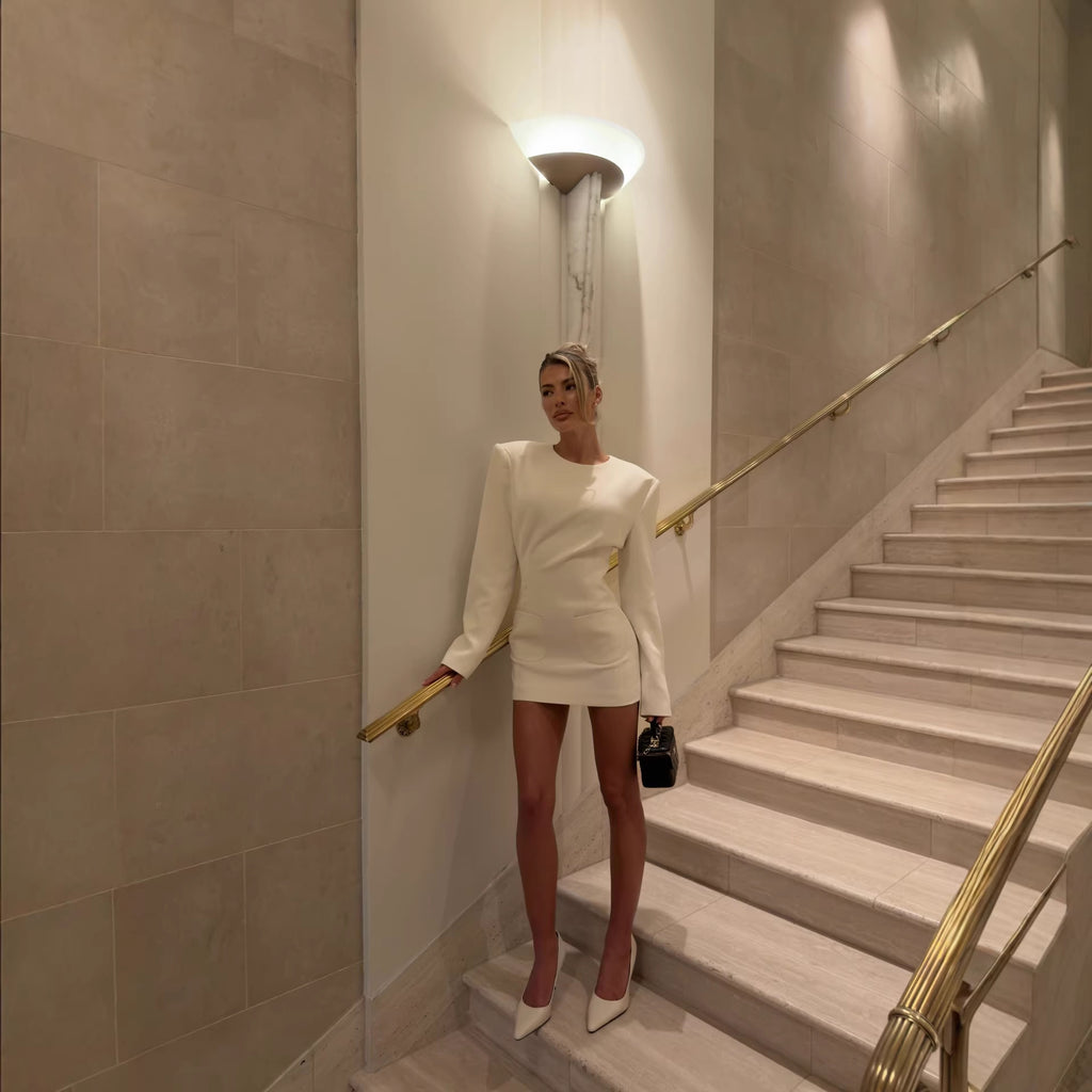 Women Figure-Hugging Long Sleeve Mini Dress with Emphasized Shoulder Area and Patch Pockets Fashion Glam