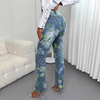 Women's High-Waisted Straight Jeans with Floral Allover Print and Slight Flare Fashion Glam