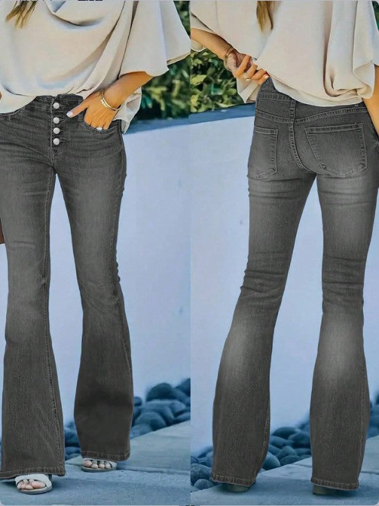 Ladies high-waisted flare jeans with decorative button placket and sculpting fit Fashion Glam