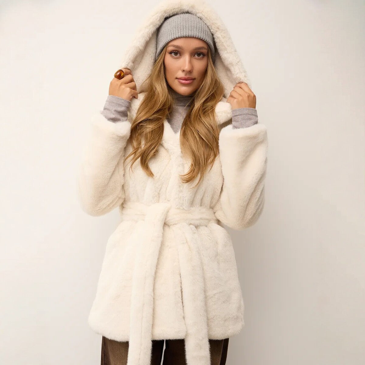 Women's Faux Fur Coat with Hood and Waist Belt Fashion Glam
