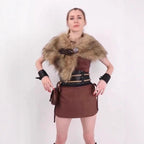Women Viking-inspired fantasy costume with faux fur shoulder cape, waist belt, and leather bag Fashion Glam