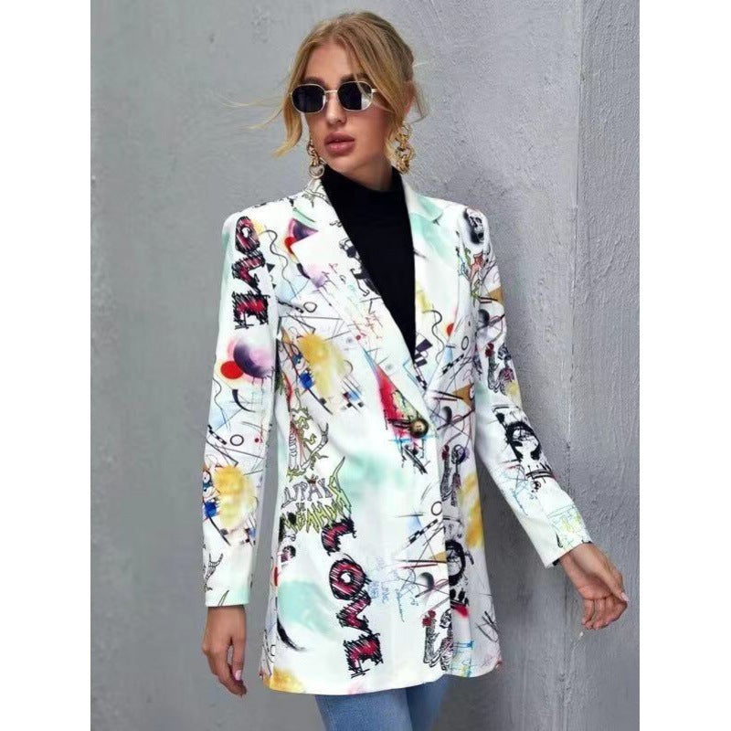 Women's Printed Long Blazer with Graphic Street Art Pattern and Tailored Fit Fashion Glam