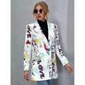 Women's Printed Long Blazer with Graphic Street Art Pattern and Tailored Fit Fashion Glam