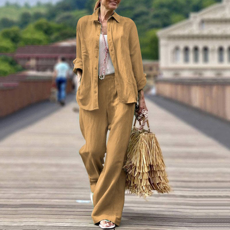 Women's Lightweight Linen Two-Piece Set with Loose Shirt Blouse and Wide High-Waist Pants Fashion Glam