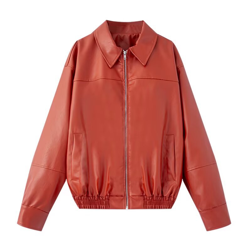 Women Boxy Faux Leather Blouson Jacket with Shirt Collar, Zipper and Elastic Hem Fashion Glam