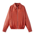 Women Boxy Faux Leather Blouson Jacket with Shirt Collar, Zipper and Elastic Hem Fashion Glam