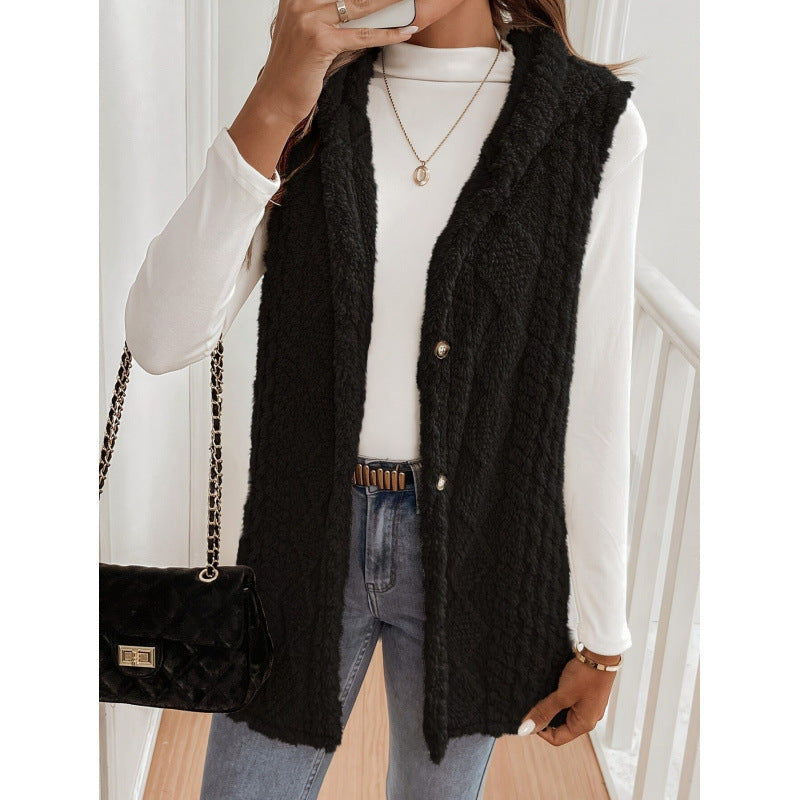 Women's Hooded Teddy Vest with Structured Cable Knit Pattern and Decorative Button Placket Fashion Glam