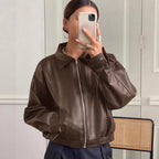 Women's Oversized Leather Jacket in Bomber Style with Elastic Hem Fashion Glam