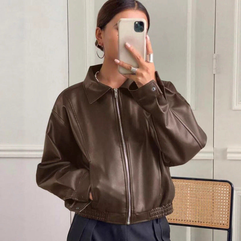 Women's Oversized Leather Jacket in Bomber Style with Elastic Hem Fashion Glam