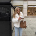 Women's Cropped Faux Fur Jacket with Soft Teddy Finish, Boxy Fit and Voluminous Lapel Fashion Glam