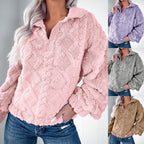 Ladies plush sweater in teddy look with half zipper and structured diamond pattern Fashion Glam