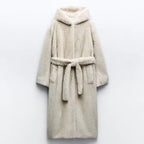 Women's hooded coat made of faux fur with a waist belt and extra soft teddy finish Fashion Glam