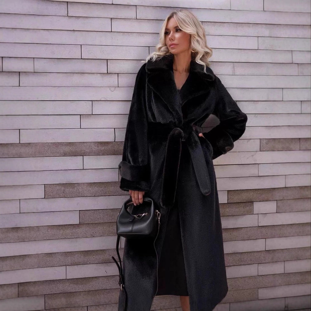 Women Elegant Maxi Wool Coat with Waist Belt, Wide Lapel and Roll-Up Cuffs Fashion Glam