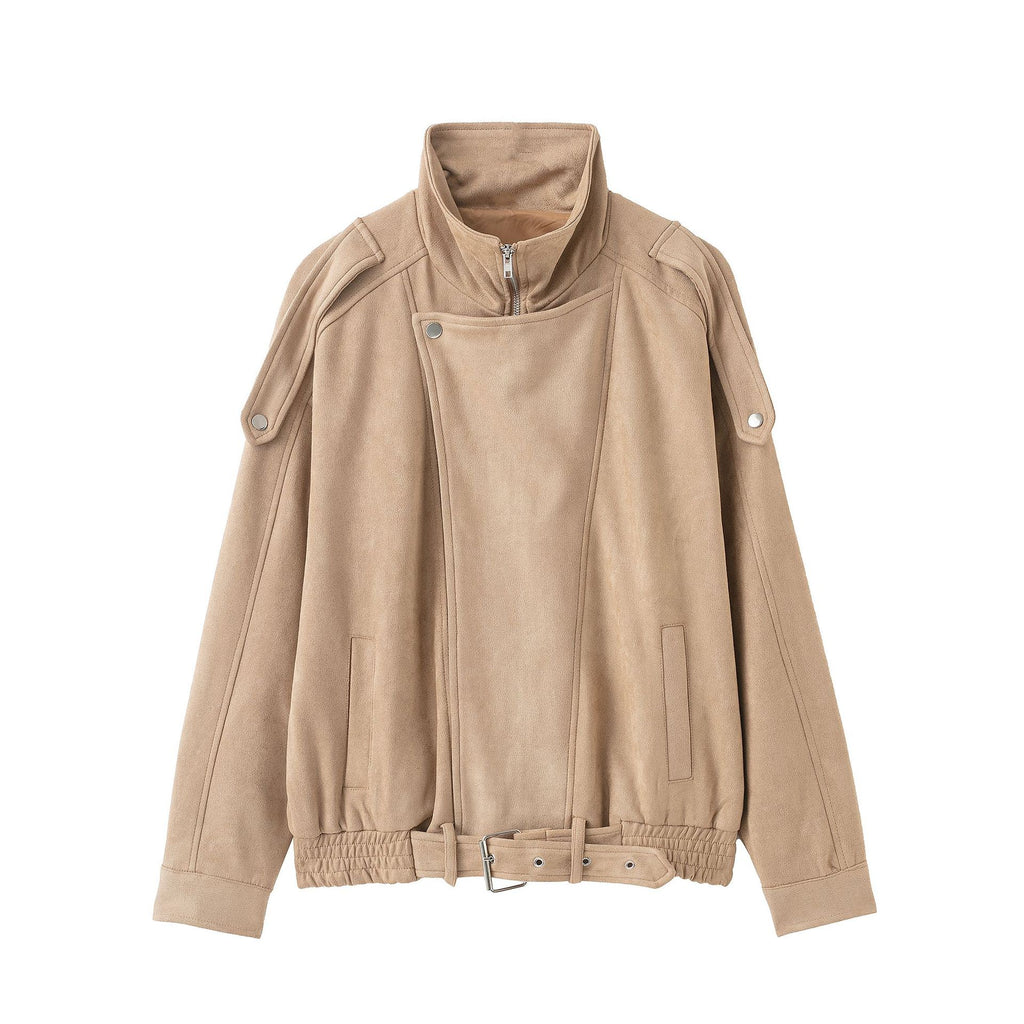 Women's short jacket in suede look with high stand-up collar, shoulder flaps and waist belt Fashion Glam