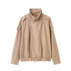 Women's short jacket in suede look with high stand-up collar, shoulder flaps and waist belt Fashion Glam