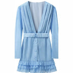 Women's Short Satin Dress with Deep V-Neck, Waist Belt and Layered Ruffles Fashion Glam
