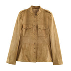 Women's Tailored Velour Jacket in Field Style with Stand-Up Collar and Chest Flaps Fashion Glam