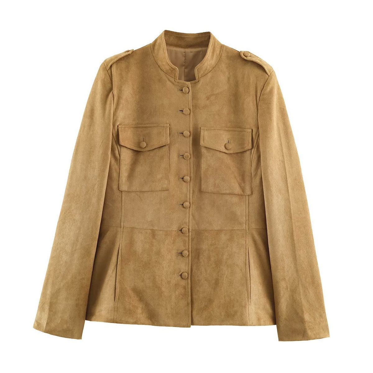 Women's Tailored Velour Jacket in Field Style with Stand-Up Collar and Chest Flaps Fashion Glam