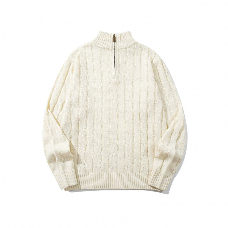 Unisex Coarse Knitted Half-Zip Cable Pattern Sweater with Stand-Up Collar and Ribbed Edges Fashion Glam