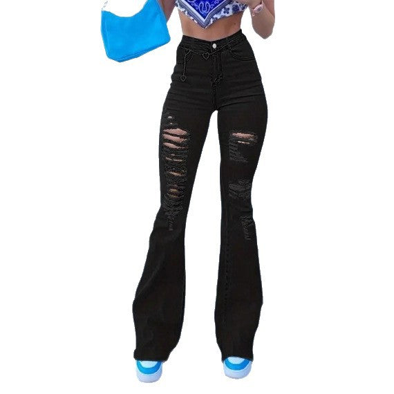 Women's Flared Jeans with High Waist, Sculpting Cut and Strong Destroyed Effect Fashion Glam